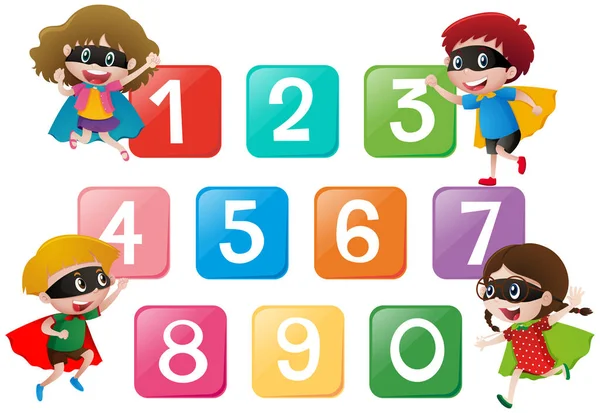 Cuatro niños y números uno a cero — Archivo Imágenes Vectoriales