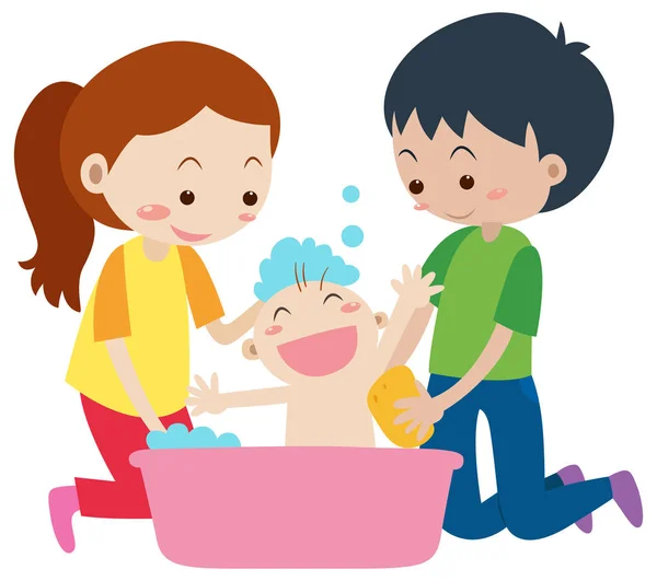 Annemle babam için bebeğe banyo vermek — Stok Vektör