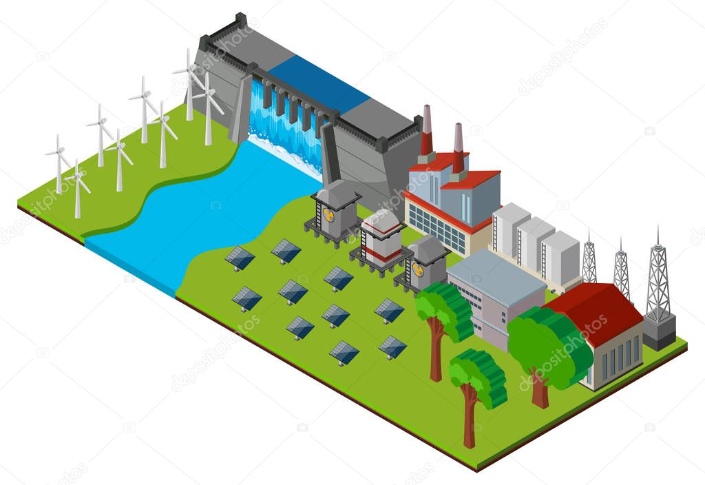 Dam and power station in 3D design