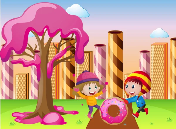 Niños jugando en Candyland — Vector de stock