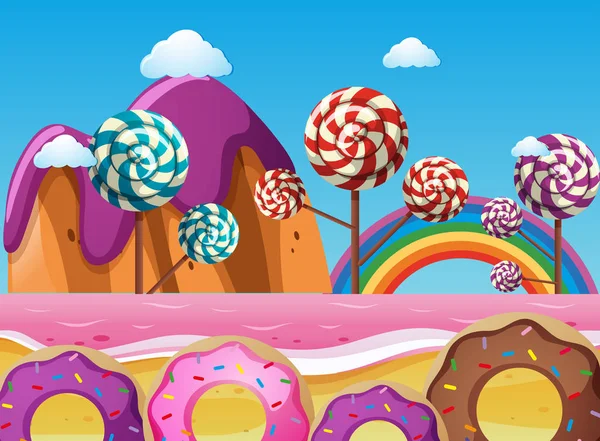 Terra de fantasia com pirulitos e donuts — Vetor de Stock