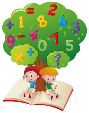 Matematik ağacın altında okuyan iki çocuklar