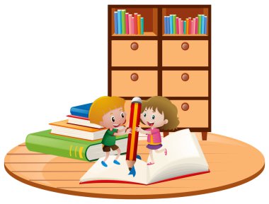 Erkek ve kız büyük defter üzerinde yazma