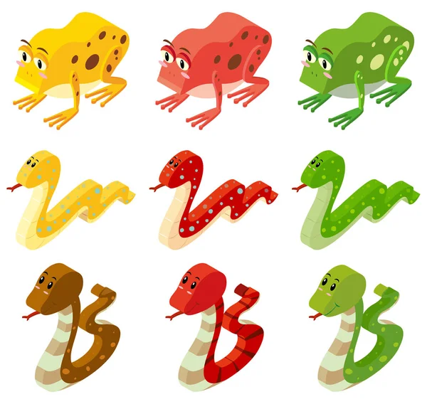 Snakes and frogs in three colors — Stock Vector