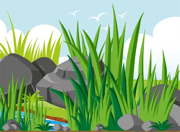 Escena de jardín con rocas y hierba — Vector de stock
