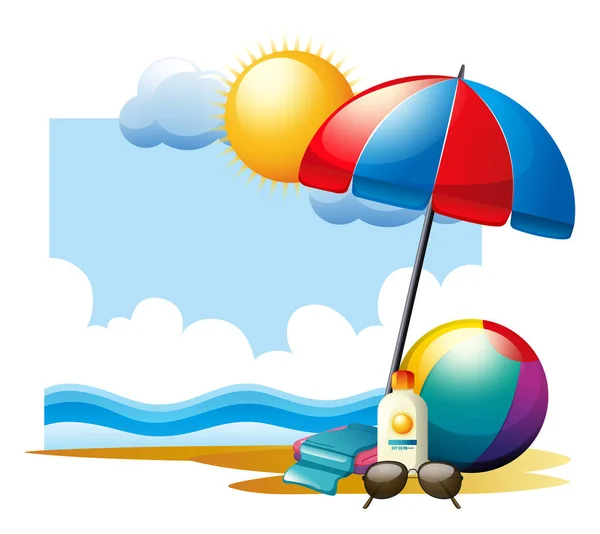 Summer scene with ball and umbrella on beach — Stock Vector