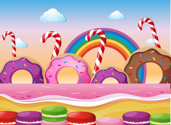 Donuts e macaroons na praia — Vetor de Stock