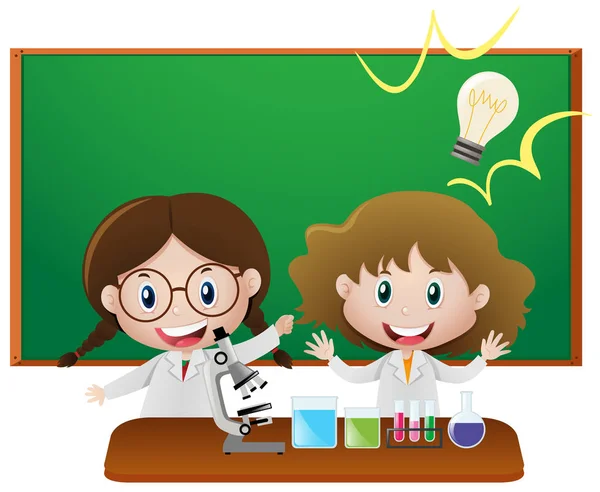 Two girls in science classroom — Stock Vector