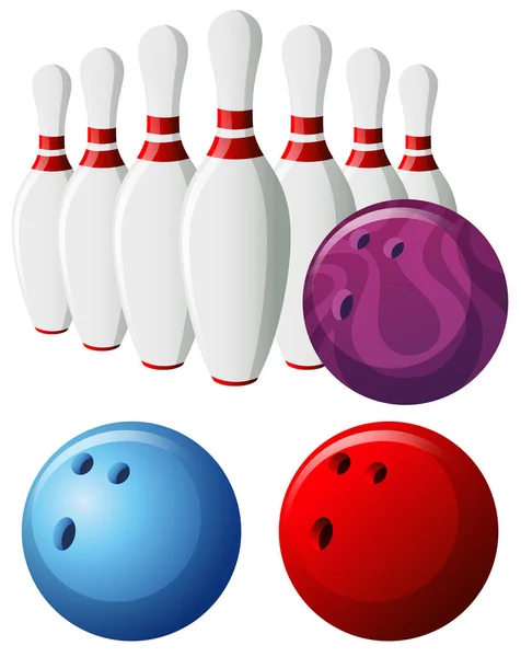 Bowling pimleri ve farklı renklerde topları — Stok Vektör