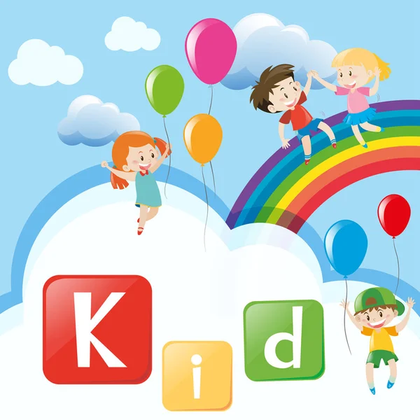 Wordcard con niños en arco iris — Vector de stock