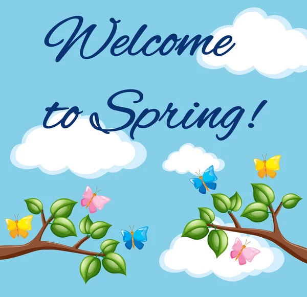 Bienvenidos al cartel de primavera con cielo azul y mariposas coloridas — Archivo Imágenes Vectoriales