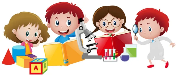 Kids and different school materials — Stock Vector