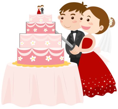 Gelin ve damat düğün pastasını kesiyor