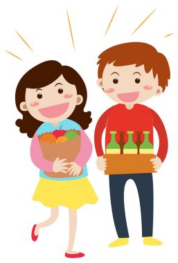 Erkek ve kadın bakkal elinde tutan