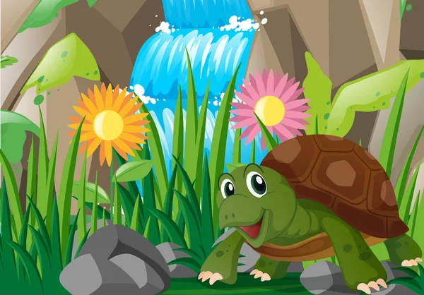 Tortuga junto a la cascada — Vector de stock