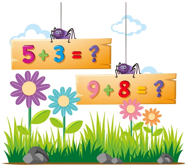 Addition questions and spiders in garden — Stock Vector