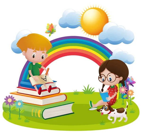 Двоє дітей читають і пишуть в саду — стоковий вектор
