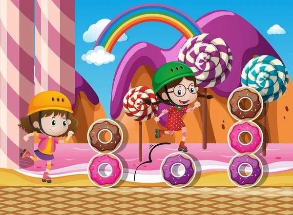 Due bambini pattini a rotelle nel Candyland — Vettoriale Stock