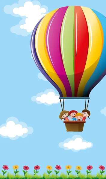 Many children flying on colorful balloon