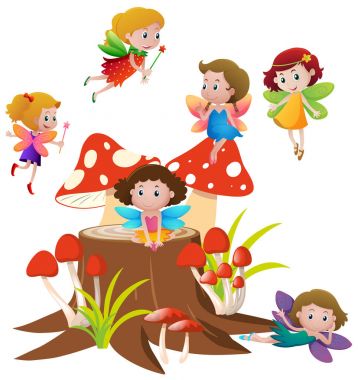 Many fairies flying on mushroom clipart