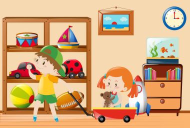 Odasında oyuncaklarla oynayan çocuklar