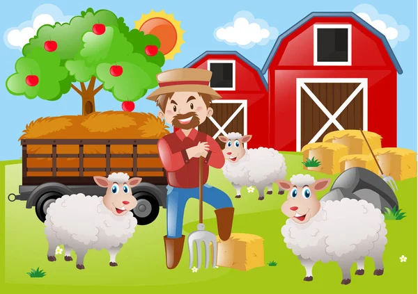 Farmer and sheeps on the farm — Stock Vector