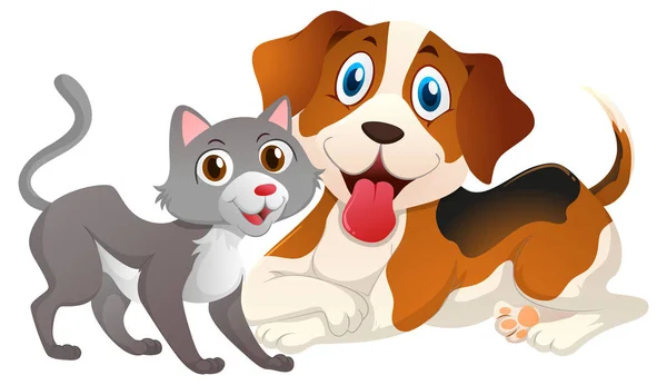 Lindo gato y perro sobre fondo blanco — Vector de stock