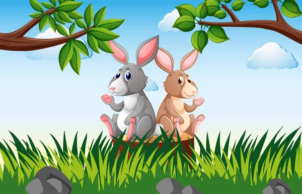 Dos conejos en el muñón — Vector de stock
