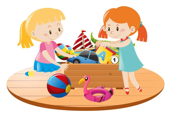 女の子といっぱいのおもちゃ箱 — ストックベクタ