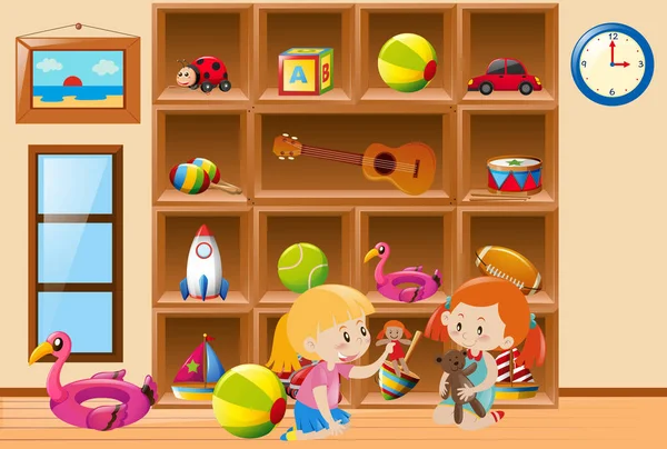 Mädchen spielen mit Spielzeug im Zimmer — Stockvektor