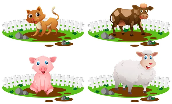 Quattro tipi di animali nel fango — Vettoriale Stock
