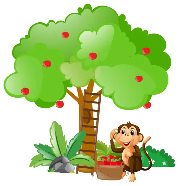 Pequeño mono sentado bajo el manzano — Vector de stock