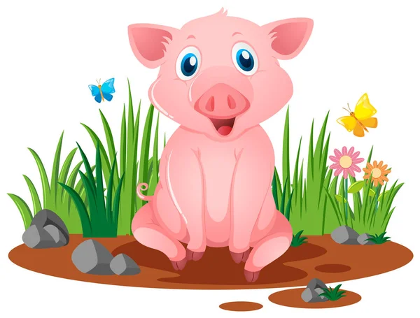 坐在泥泞的水坑里的小猪 — 图库矢量图片