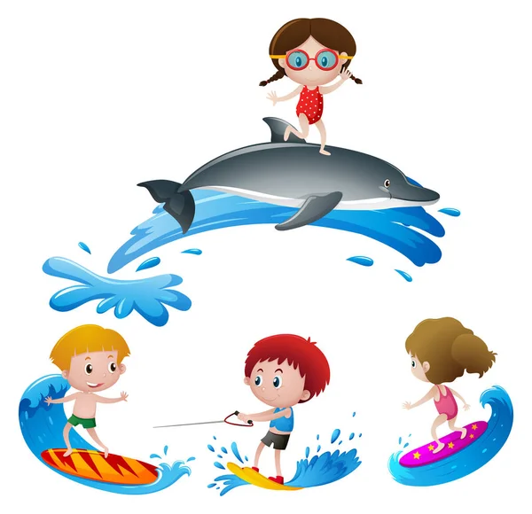 Niños surfeando en el océano — Vector de stock