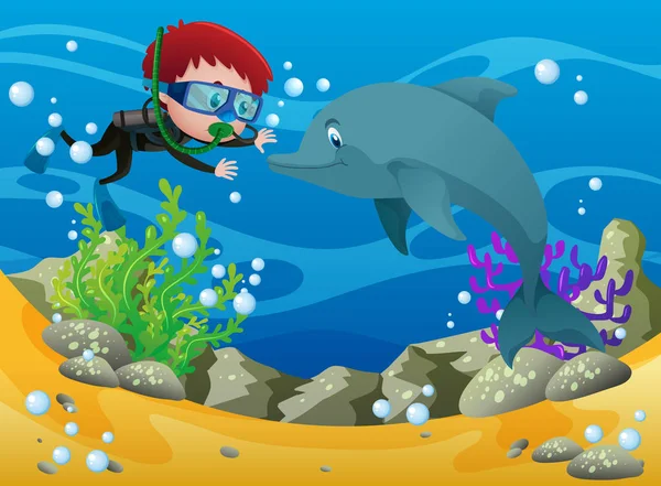 Garçon plongée avec dauphin sous l'eau — Image vectorielle