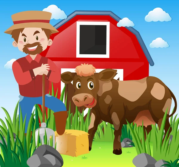 农夫和牛在农家院 — 图库矢量图片