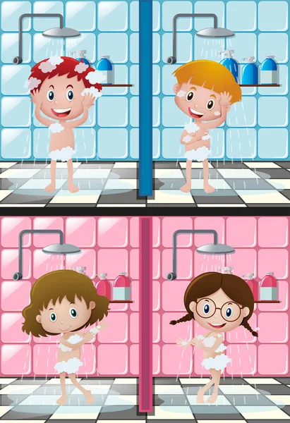 A fürdőszobában zuhanyzó, négy gyerek — Stock Vector
