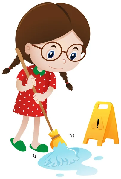 Dívka čištění mokrou podlahu s mopem — Stockový vektor