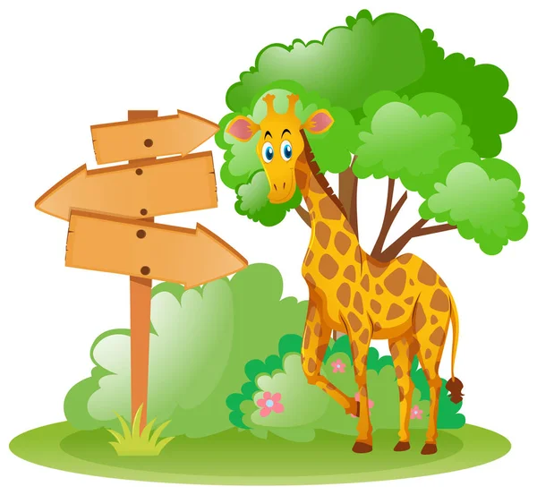 Girafa em pé junto ao sinal de madeira no parque — Vetor de Stock