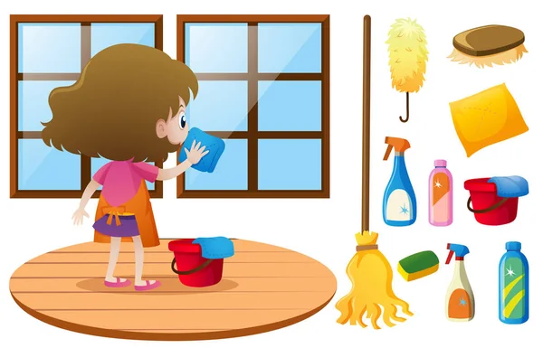 Little girl cleaning window with cloth — Stock Vector