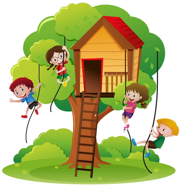 Children climbing rope up to treehouse — Stock Vector