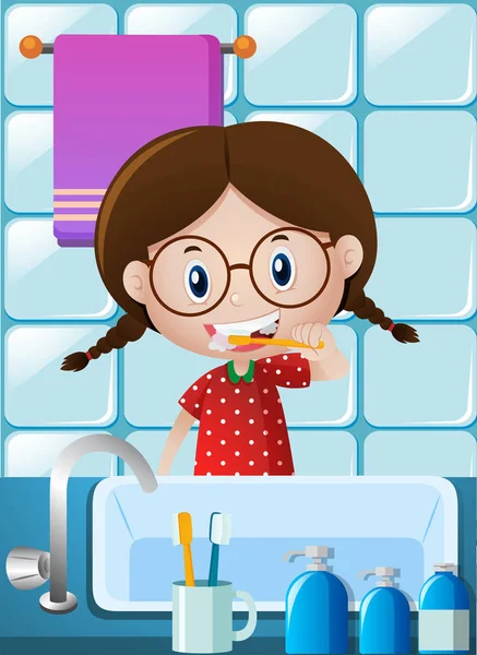 Mała dziewczynka szczotkowanie zębów w łazience — Wektor stockowy