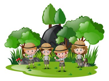 Dört çocuk eğleniyor ormanda safari kıyafeti