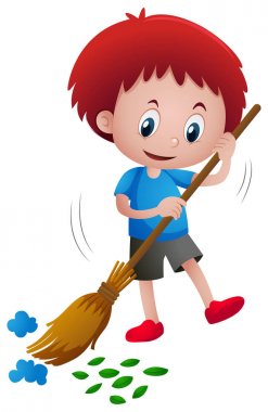 Çocuk süpürme yaprakları ve çöp kutusu