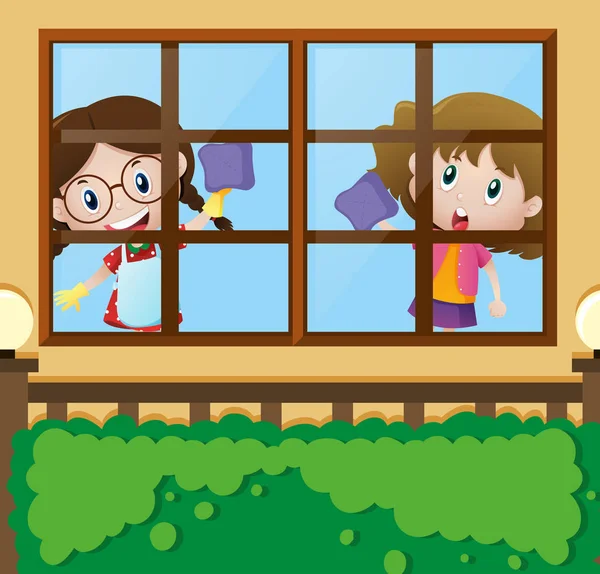 İki kız evde pencere Temizleme — Stok Vektör