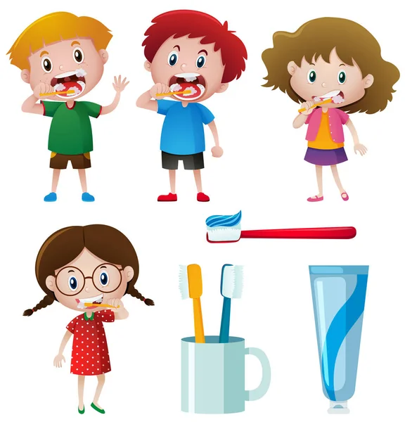 Chłopcy i dziewczęta szczotkowanie zębów — Wektor stockowy