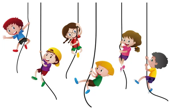 Многие дети взбираются по веревке — стоковый вектор