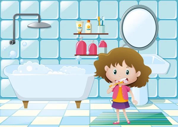 Niña cepillándose los dientes en el baño — Vector de stock