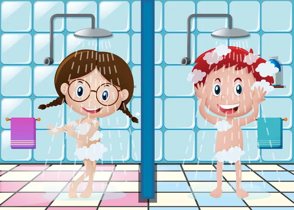 Хлопчик і дівчинка приймають душ у ванній — стоковий вектор