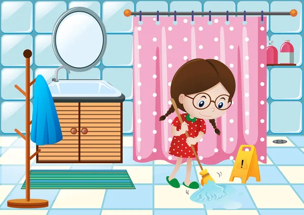 Kız temizlik banyo zemin — Stok Vektör
